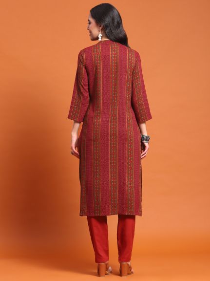 Shree Women Liva (Rayon) Maroon Stripe Print Kurta