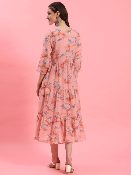 Shree Women Polyester Peach Floral Print Dress