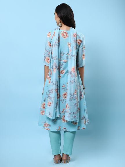 Shree Women Polyester Turquoise Blue Floral Print Kurta Trouser Dupatta