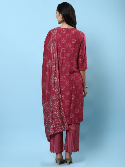 Shree Women Muslin Pink Geometric Print Kurta Comfort Pant Dupatta