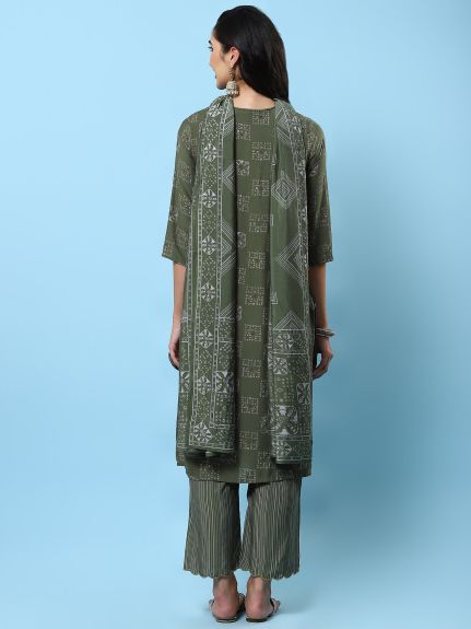 Shree Women Muslin Olive Geometric Print Kurta Comfort Pant Dupatta