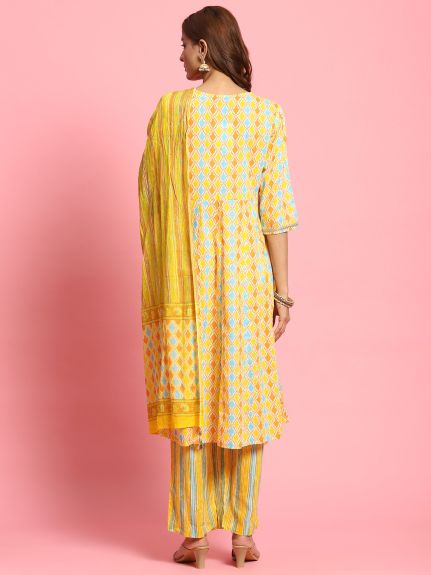 Shree Women Cotton Yellow Geometric Print Kurta Comfort Pant Dupatta