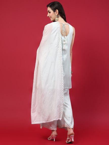 Shree Women Silk Blue Texture Print Kurta Comfort Pant Dupatta