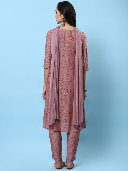 Shree Women Muslin Pink Abstract Print Kurta Trouser Dupatta