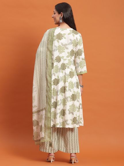 Shree Women Liva (Rayon) White Floral Print Kurta Wide Pant Dupatta