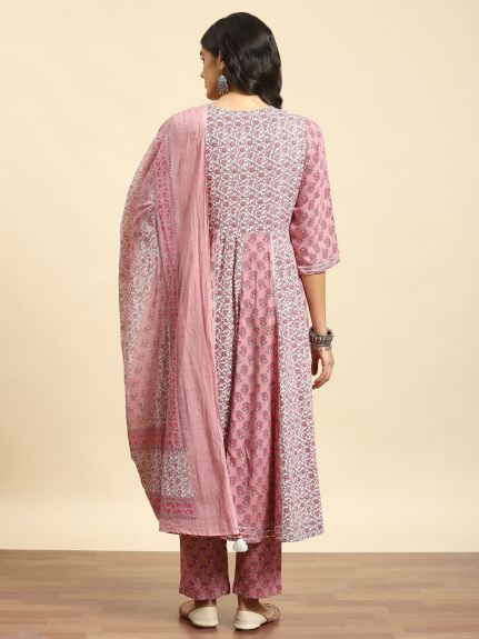 Shree Women Liva (Rayon) Pink Floral Print Kurta Trouser Dupatta