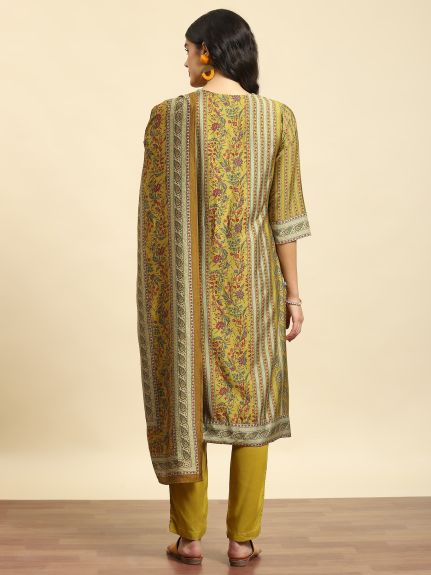 Shree Women Liva (Rayon) Olive Floral Print Kurta Trouser Dupatta