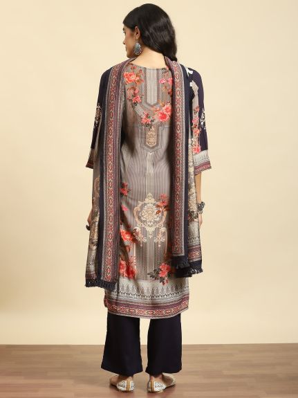 Shree Women Liva (Rayon) Navy Blue Floral Print Kurta Comfort Pant Dupatta