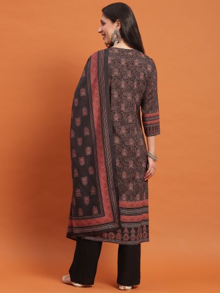 Shree Women Liva (Rayon) Black Geometric Print Kurta Comfort Pant Dupatta
