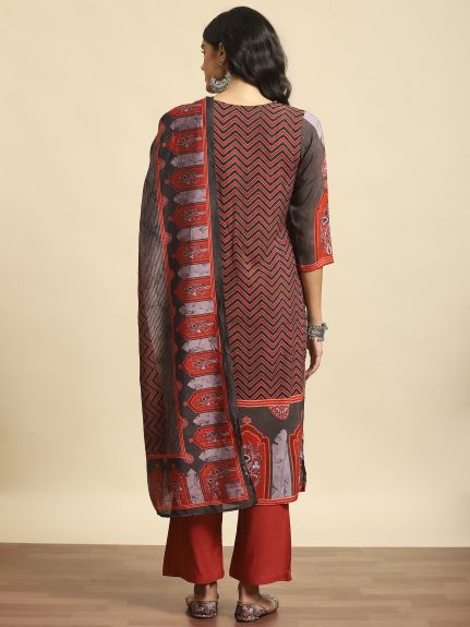 Shree Women Liva (Rayon) Maroon Geometric Print Kurta Comfort Pant Dupatta