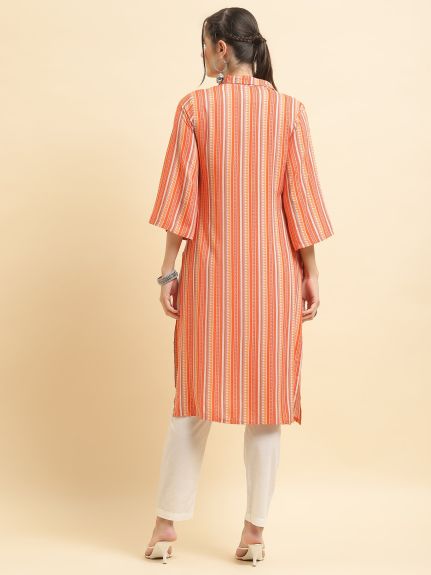 Shree Women Liva (Rayon) Peach Stripe Print Kurta