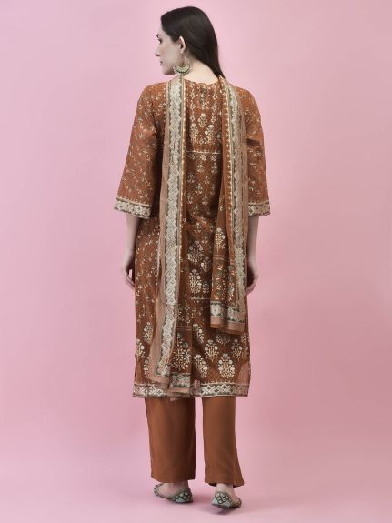 Shree Women Georgette Rust Ornamental Print Kurta Comfort Pant Dupatta