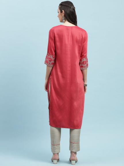 Shree Women Poly Viscose Pink Ornamental Print Kurta