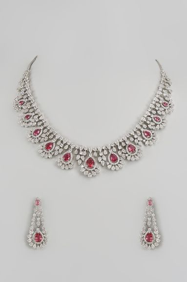 Aster,White Finish Zircon & Red Stone Necklace Set