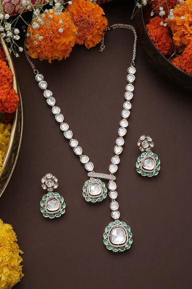 Swabhimann Jewellery,Rose Gold Finish Kundan Polki & Green Stone Handmade Long Necklace Set