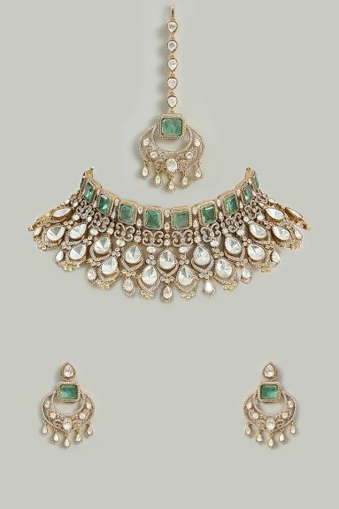 Zevar By Geeta,Gold Finish Kundan Polki & Green Stone Necklace Set - Free Size