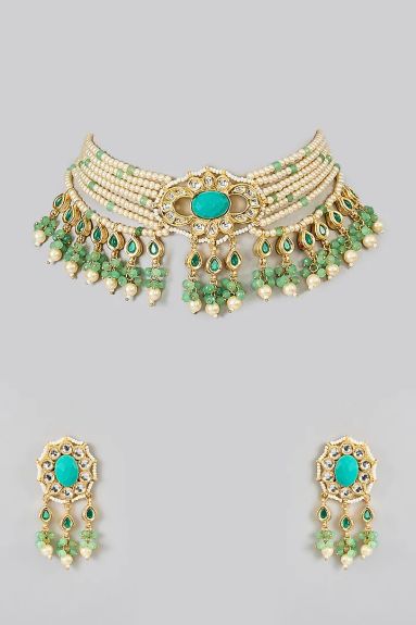 Gold Finish Kundan Polki & Turquoise Stone Choker Necklace Set