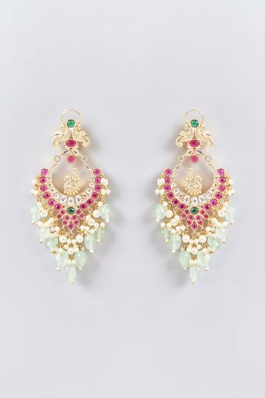 Auraa Trends,Gold Finish Kundan Polki & Red Carved Stone Chandbali Earrings