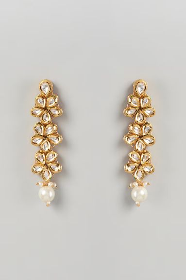 Minaki,Gold Plated Kundan & Pearls Dangler Earrings - Free Size