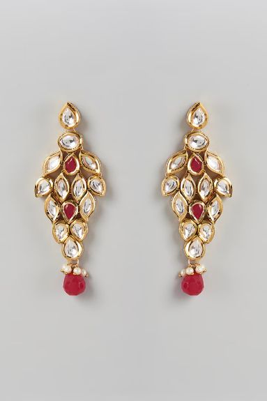 Minaki,Gold Red Plated Kundan Polki Dangler Earrings