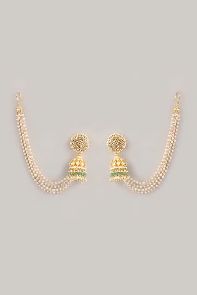 Amreli Jaipur,Gold Finish Pachi Kundan Polki & Pearl Jhumka Earrings