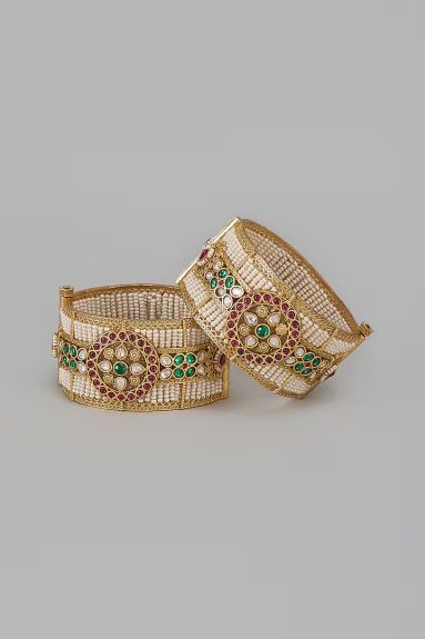 VASTRAA Jewellery, Gold Finish Kundan Polki & Multi-Colored Stone Temple Bangles (Set Of 2)