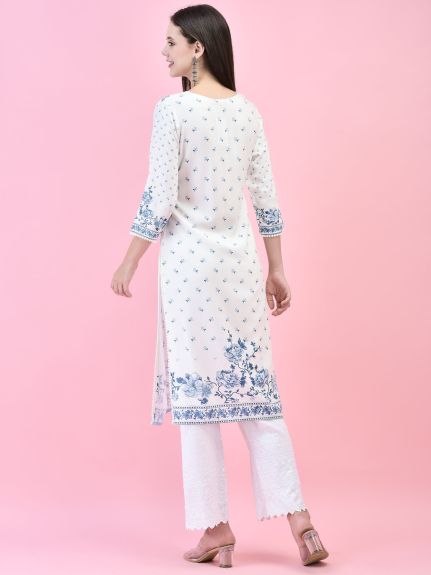 Shree Women Liva (Rayon) White Floral Print Kurta