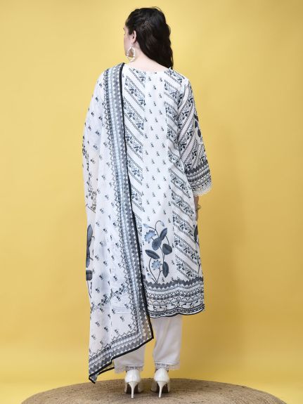 Shree Women Georgette White and Navy Floral Print Kurta Trouser Dupatta