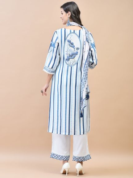 Shree Women Muslin White Stripe Print Kurta Comfort Pant Dupatta