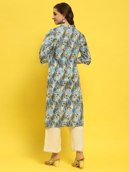 Shree Women Cotton Blue Floral Print Kurta With Comfort Pant