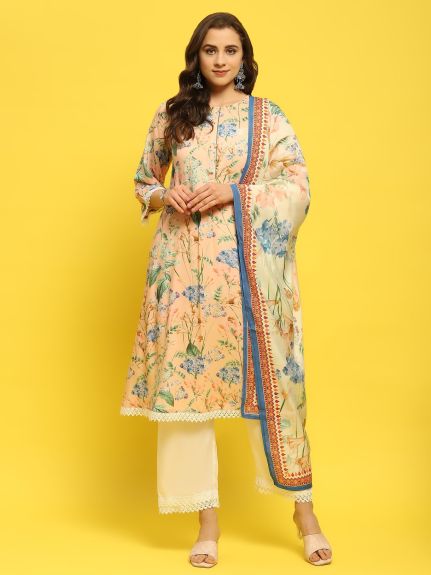 Shree Women Liva (Rayon) Peach Tropical Print Kurta Comfort Pant Dupatta