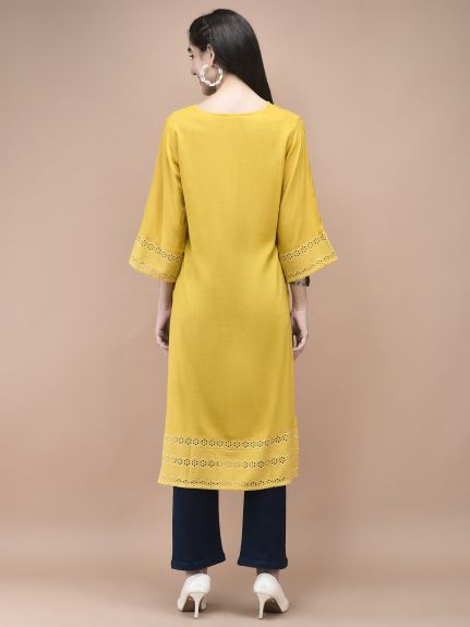 Shree Women Liva Mustard Embroidered Kurta
