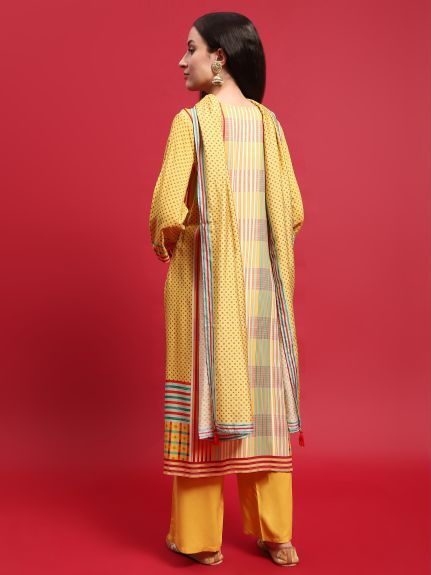 Shree Women Liva (Rayon) Yellow Stripe Print Kurta Comfort Pant Dupatta
