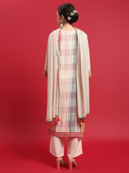 Shree Women Liva (Rayon) Off White Stripe Print Kurta Comfort Pant Dupatta