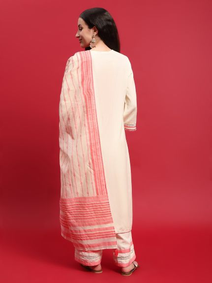 Shree Women Liva (Rayon) Off White Embroidered Kurta Comfort Pant Dupatta