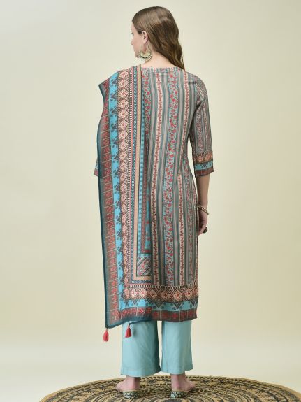 Shree Women Liva (Rayon) Blue Floral Print Kurta Comfort Pant Dupatta