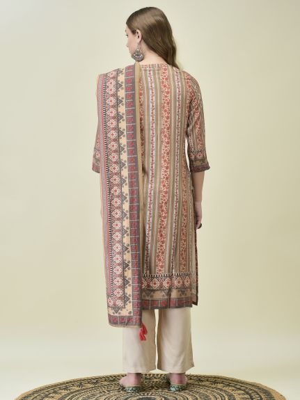 Shree Women Liva (Rayon) Off White Floral Print Kurta Comfort Pant Dupatta