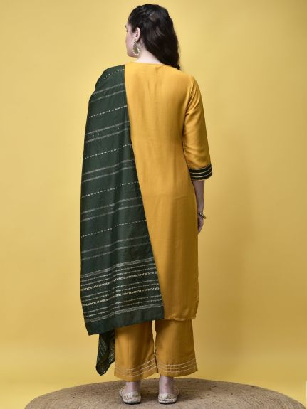 Shree Women Poly Viscose Mustard Solid Kurta Comfort Pant Dupatta