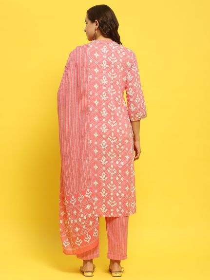 Shree Women Cotton Pink Geometric Print Kurta Trouser Dupatta