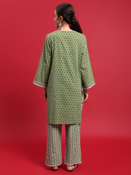 Shree Women Cotton Green Floral Print Kurta With Comfort Pant