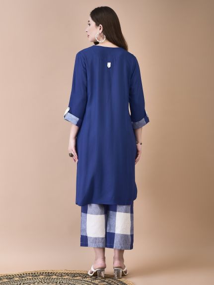Shree Women Liva (Rayon) Blue Solid Kurta With Cotton Comfort Pant