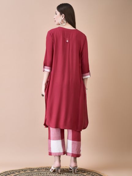Shree Women Liva (Rayon) Red Solid Kurta With Cotton Comfort Pant