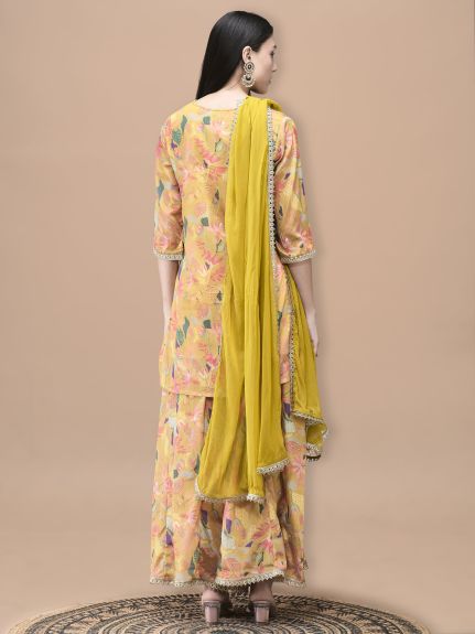 Shree Women Chinon Mustard Floral Print Kurta Split Pant Dupatta
