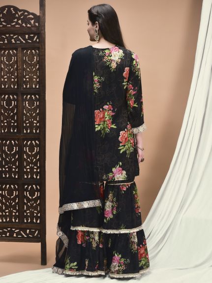 Shree Women Chinon Black Floral Print Kurta Sharara Dupatta