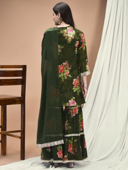 Shree Women Chinon Olive Floral Print Kurta Sharara Dupatta