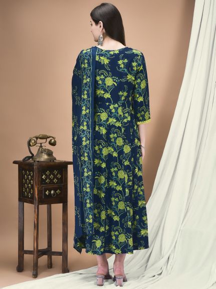Shree Women Liva Blue Floral Print Dress With Dupatta