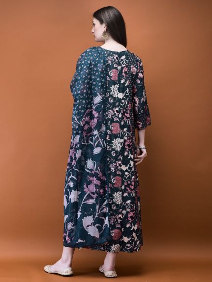 Shree Women Liva (Rayon) Greyish Blue Floral Print Dress With Dupatta