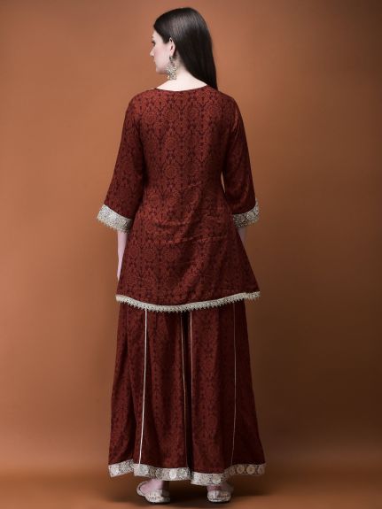 Shree Women Liva (Rayon) Rust Floral Print Kurta With Split Pant