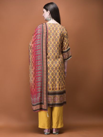 Shree Women Muslin Mustard Ajrakh Print Kurta Comfort Pant Dupatta