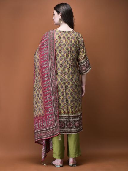 Shree Women Muslin Olive Ajrakh Print Kurta Comfort Pant Dupatta